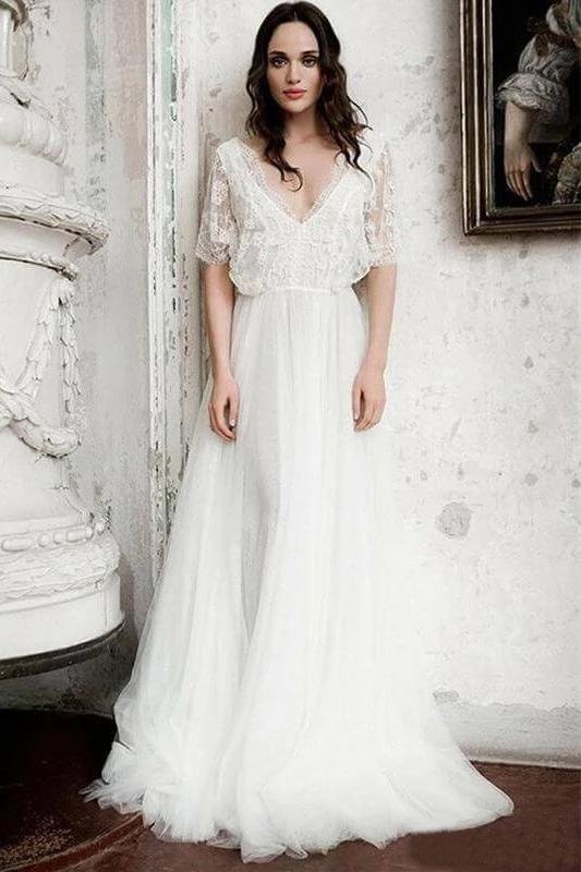 Boho Wedding Dresses Floor Length V Neck Long Rustic Wedding Gown