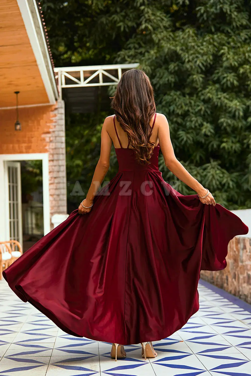 Amzcw Burgundy Satin Long Prom Dress Evening Dress gowns evening dresses