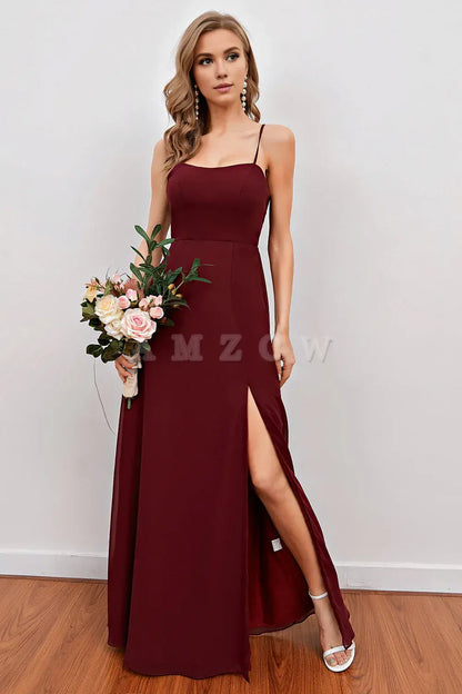 Amzcw Burgundy Spaghetti Straps Long Bridesmaid Dress with Split prom dresses shops gowns evening dresses