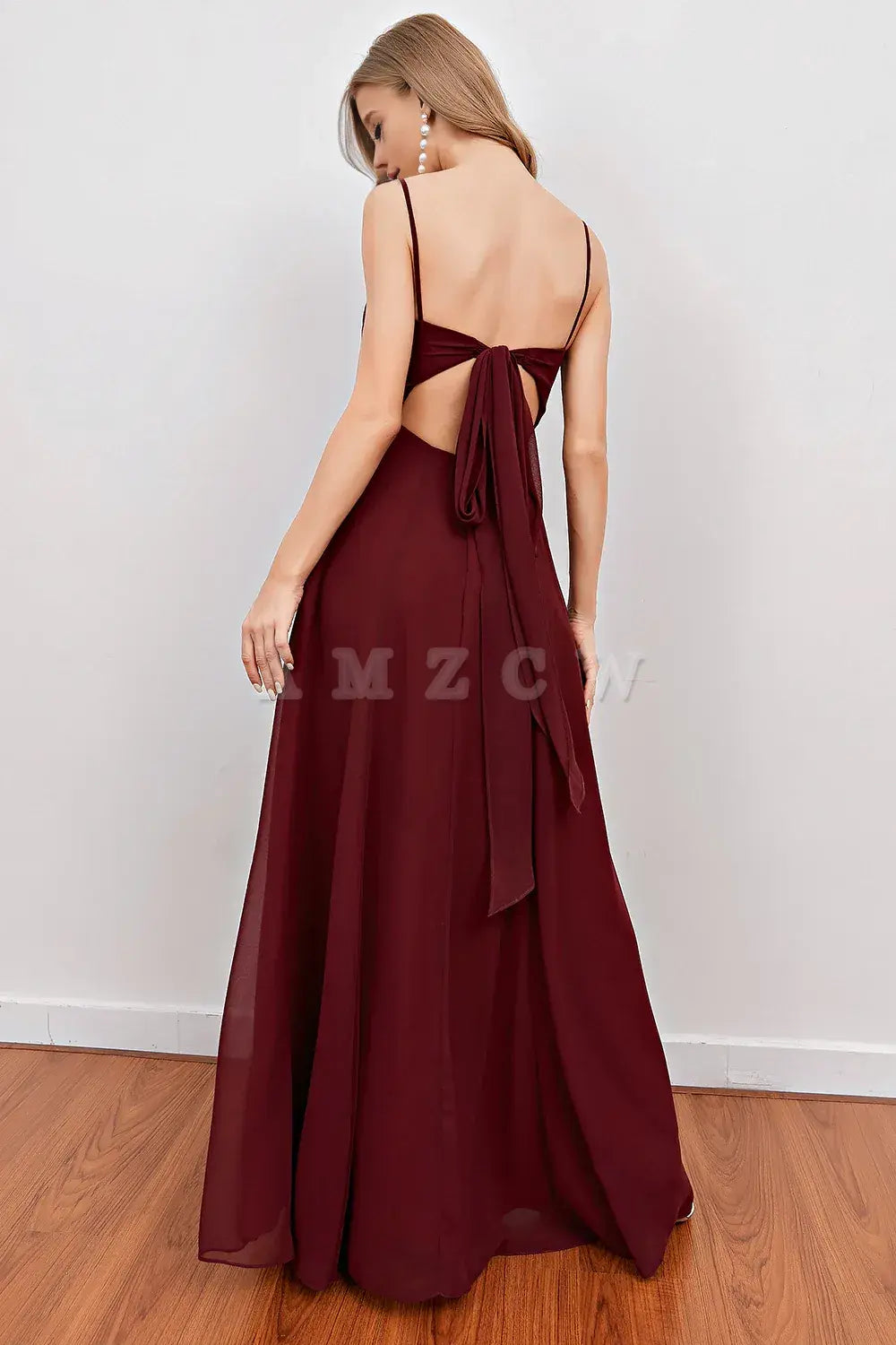 Amzcw Burgundy Spaghetti Straps Long Bridesmaid Dress with Split prom dresses shops gowns evening dresses