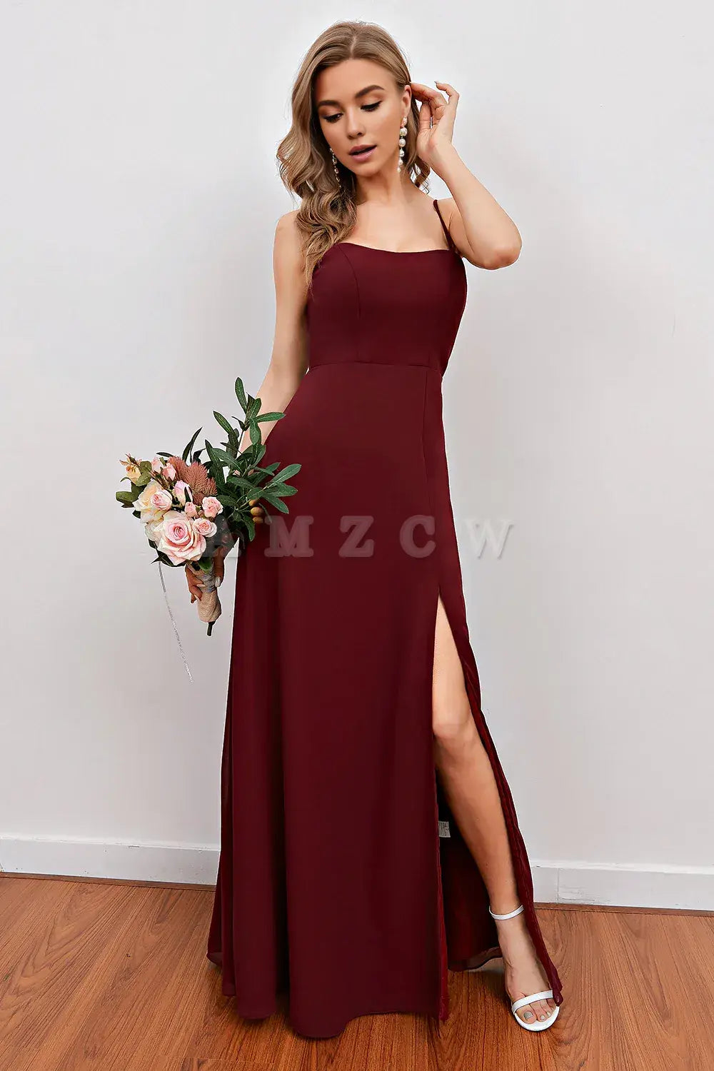 Amzcw Burgundy Spaghetti Straps Long Bridesmaid Dress with Split prom dresses shops gowns evening dresses