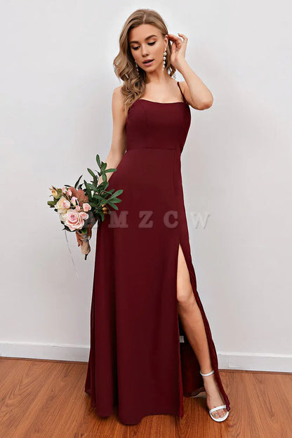 Amzcw Burgundy Spaghetti Straps Long Bridesmaid Dress with Split prom dresses shops gowns evening dresses