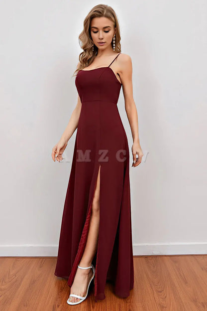 Amzcw Burgundy Spaghetti Straps Long Bridesmaid Dress with Split prom dresses shops gowns evening dresses