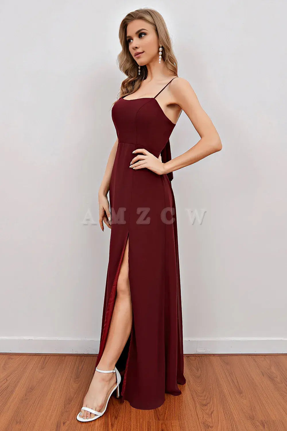 Amzcw Burgundy Spaghetti Straps Long Bridesmaid Dress with Split prom dresses shops gowns evening dresses