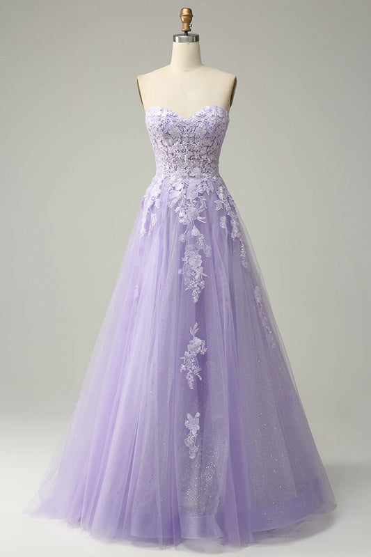 A Line Spaghetti Straps Long Purple Prom Dress with Appliques