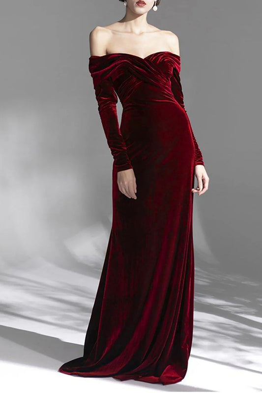 Amzcw Burgundy Velvet Off the Shoulder Long Sleeves Floor Length Evening Dress