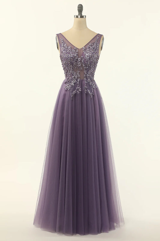 Tulle Purple A-line Prom Dress