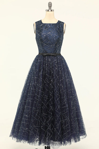 Glitter Navy Tulle Prom Dress