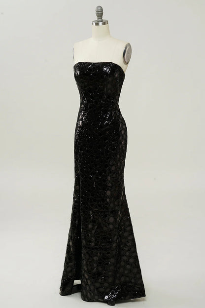 Black Strapless Sequined Mermaid Prom Dress