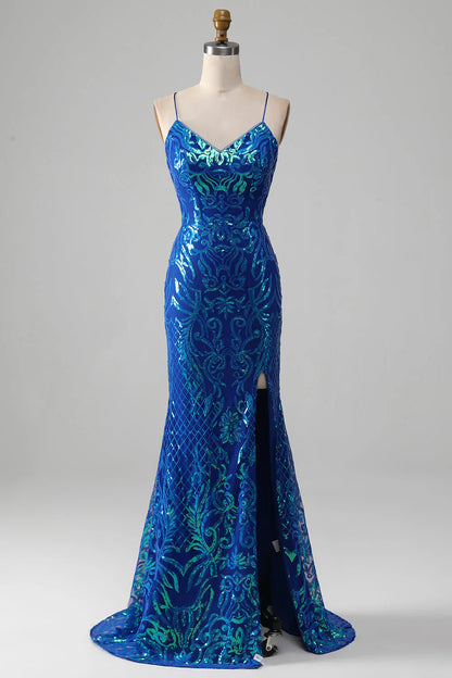 Amzcw Royal Blue Mermaid Sparkly Sequin Long Prom Dress with Slit prom clothing