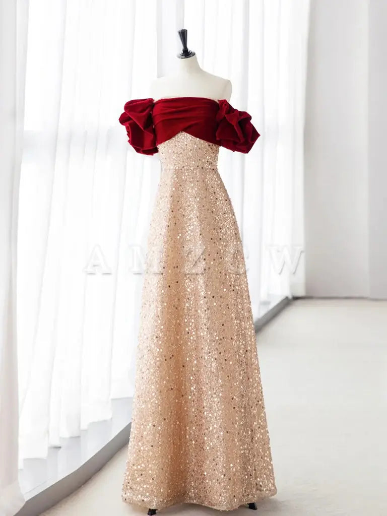 Amzcw Champagne A-Line velvet Long Prom Dress Champagne Tulle Sequin Long Formal Dress prom dress in store