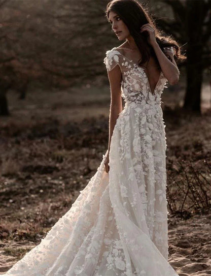 A Line Ivory V Neck Country Wedding Dresses With Appliques