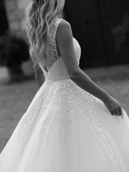 A Line Sequins Lace V Neck Chapel Train Wedding Dresses