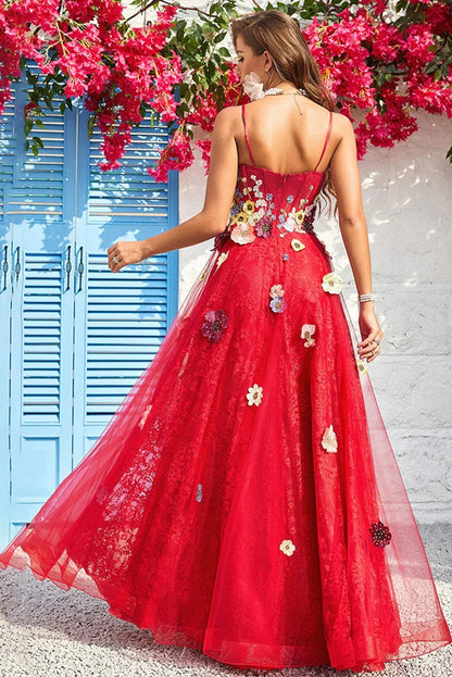 A Line Tulle Floor Length Prom Dresses with Appliques Long Evening Dresses