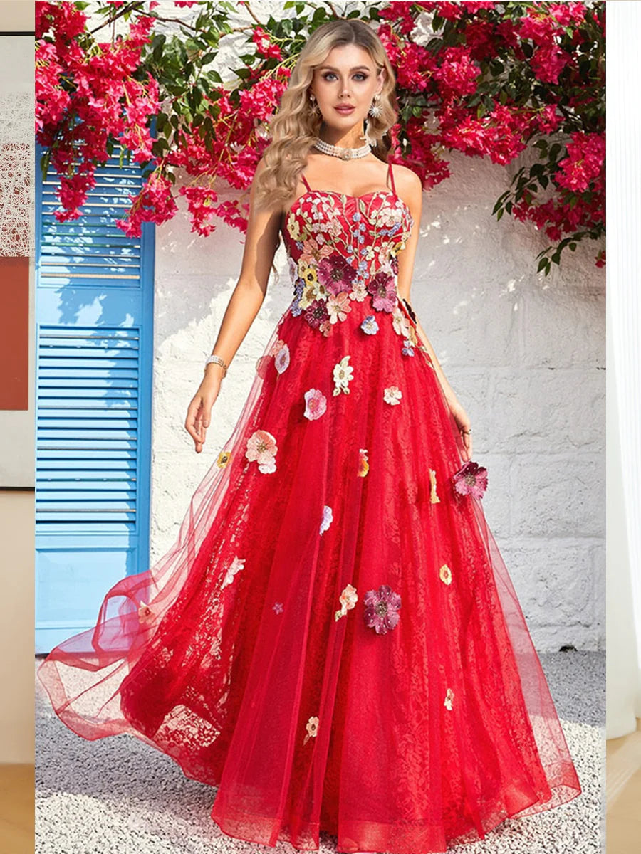 A Line Tulle Floor Length Prom Dresses with Appliques Long Evening Dresses