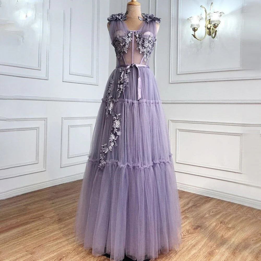 A Line V Neck Tulle Appliques Floral Evening Long Prom Dresses