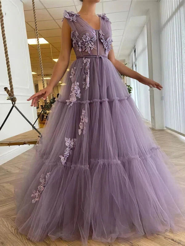 A Line V Neck Tulle Appliques Floral Evening Long Prom Dresses