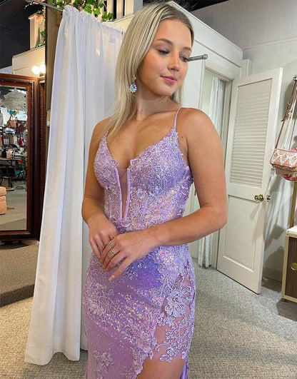 Appliques Spaghetti Straps Long V-Neck Prom Dresses With Sexy Slit