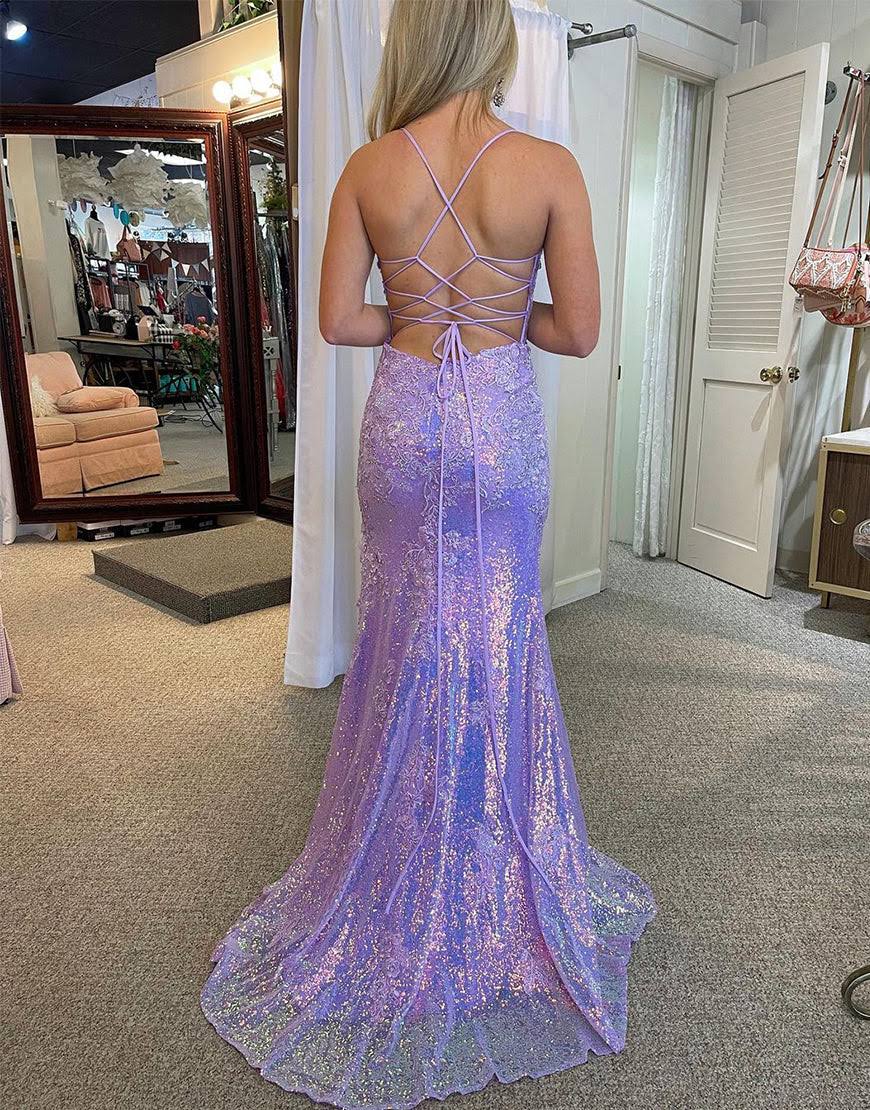 Appliques Spaghetti Straps Long V-Neck Prom Dresses With Sexy Slit