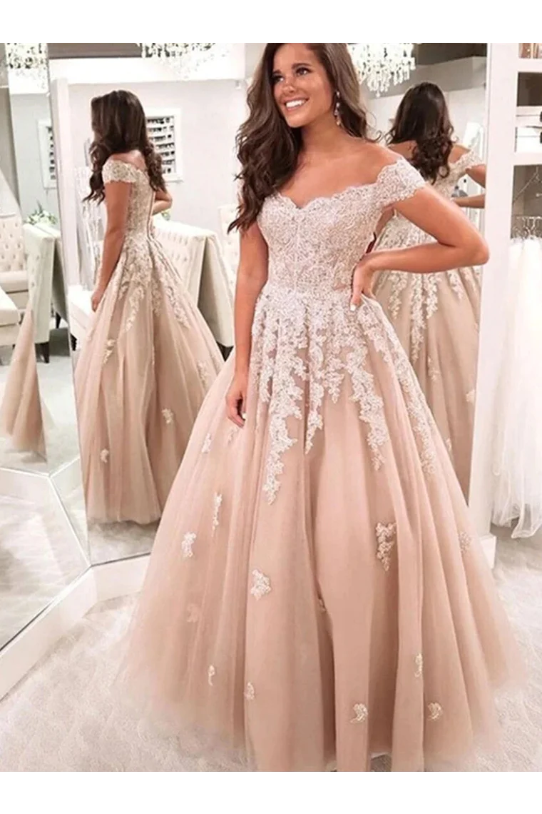 Charming Ball Gown Tulle Off The Shoulder Formal Prom Dresses With Appliques