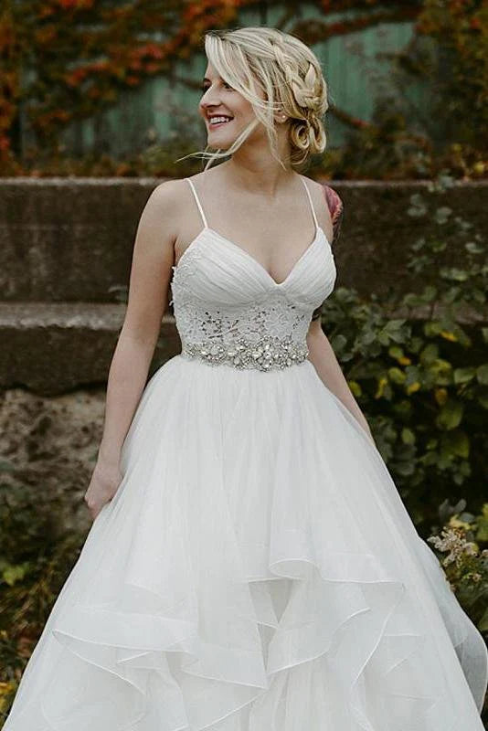 Charming Lace Ruffles Tulle Puffy Spaghetti Strap Wedding Dresses