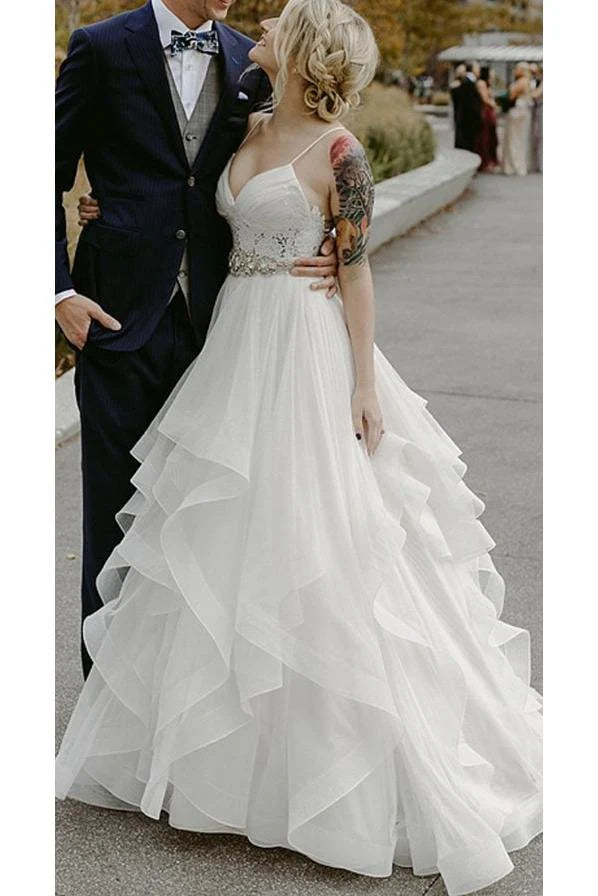Charming Lace Ruffles Tulle Puffy Spaghetti Strap Wedding Dresses ...