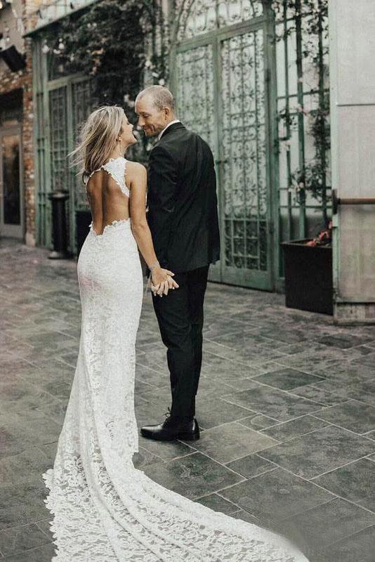 Charming Sheath Lace Bride Gown with Slit Open Back Ivory Boho Wedding Dresses