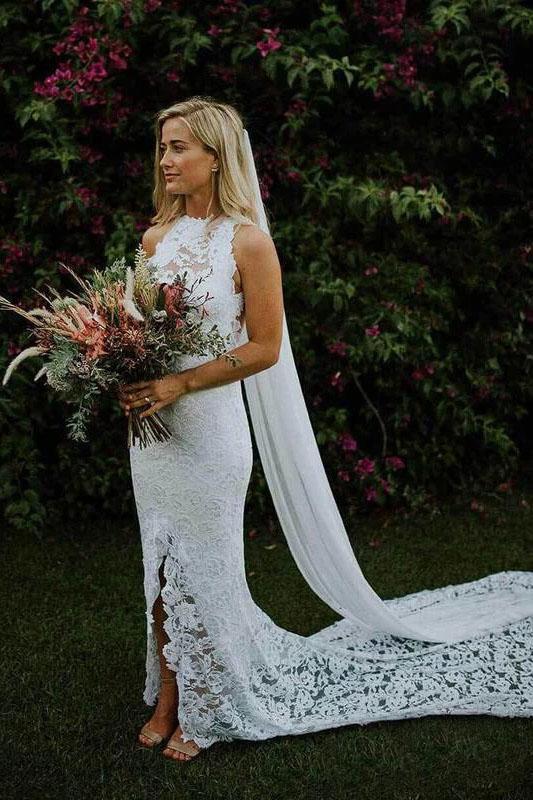 Charming Sheath Lace Bride Gown with Slit Open Back Ivory Boho Wedding Dresses
