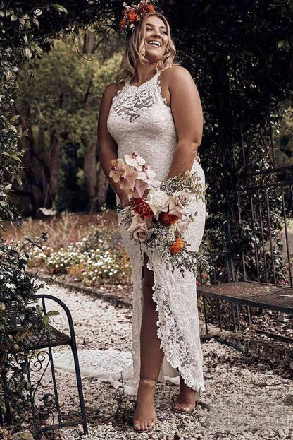 Charming Sheath Lace Bride Gown with Slit Open Back Ivory Boho Wedding Dresses