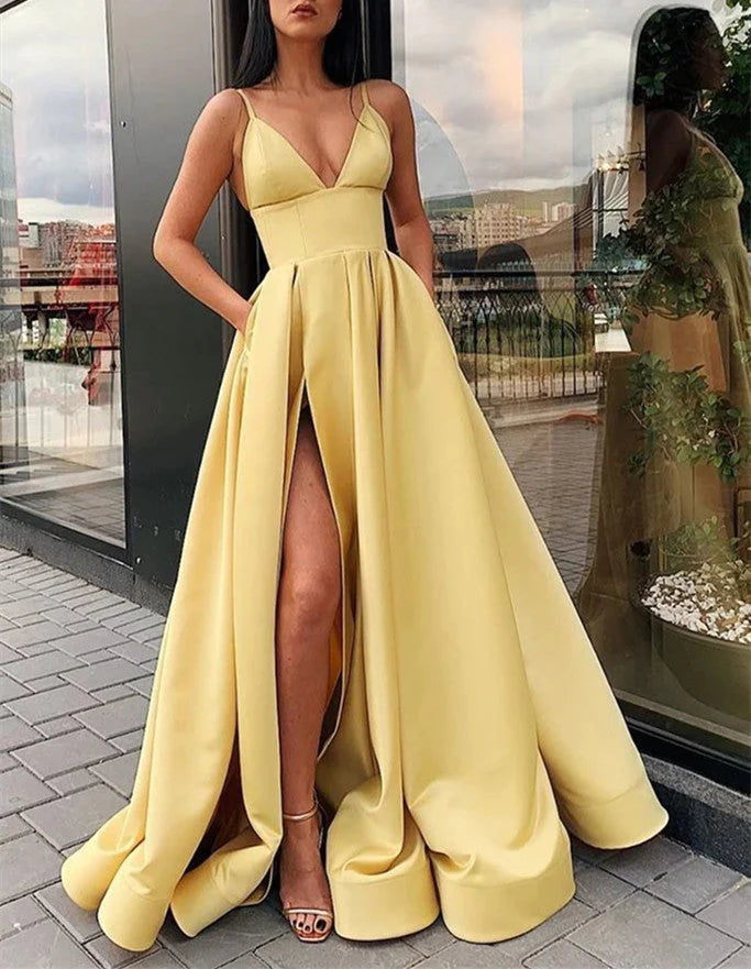 Cheap A Line Satin Spaghetti Straps V Neck Prom Dresses With Pockets High Slit Formal Dress