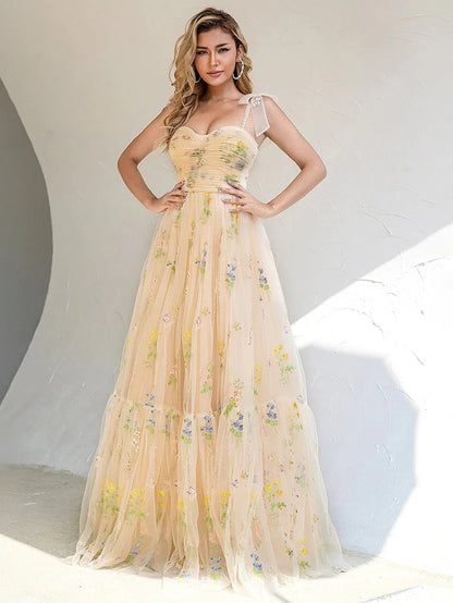 Spaghetti Straps Prom Dress A Line Long Evening Dresses with Appliques