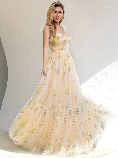 Spaghetti Straps Prom Dress A Line Long Evening Dresses with Appliques