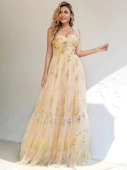 Spaghetti Straps Prom Dress A Line Long Evening Dresses with Appliques