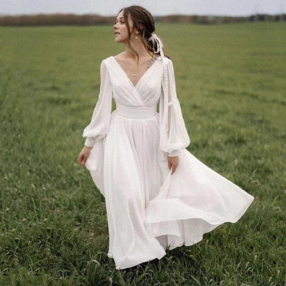 Chiffon Beach Wedding Dresses Puff Sleeve Vintage Bride Dresses V Neck Boho Wedding Gowns