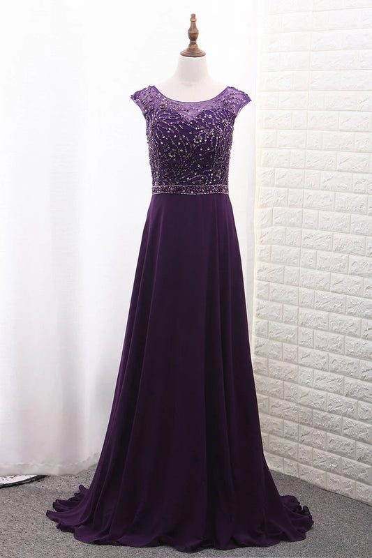 Chiffon Mother Of The Bride Dresses Scoop A Line With Beads Bodice Sweep Train