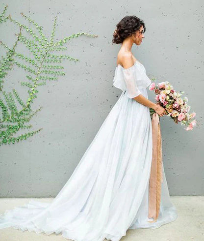 Chiffon Off The Shoulder With Split And Ruffles A Line Wedding Dresses