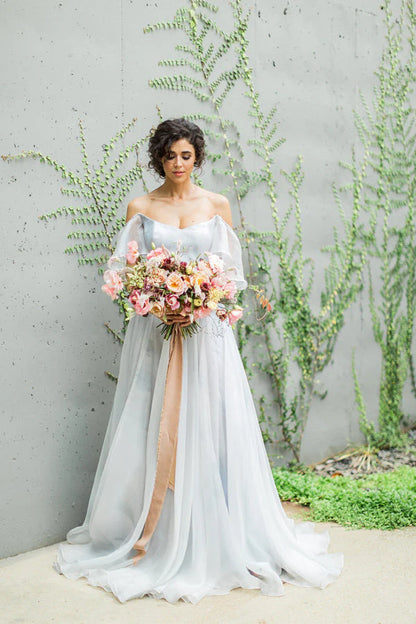 Chiffon Off The Shoulder With Split And Ruffles A Line Wedding Dresses