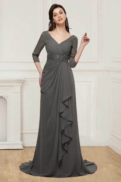 V Neck Beaded Bodice Long Sleeves Mother Of The Bride Dresses