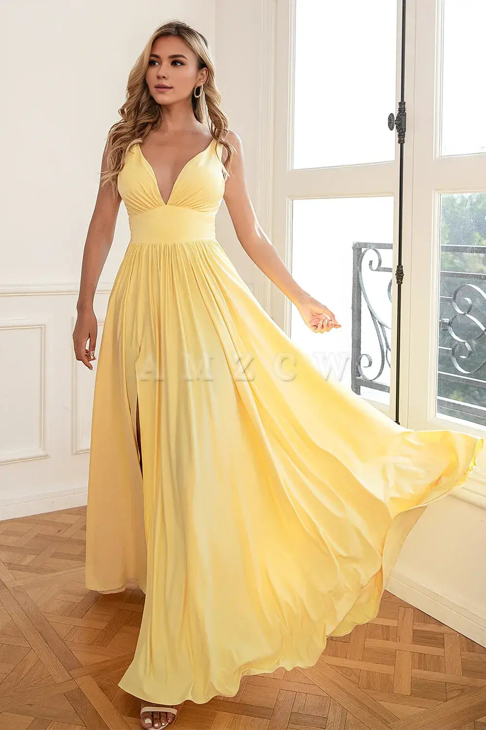 Amzcw Classic A Line V Neck Yellow Long Prom Dress with Split Front gowns evening dresses prom dresses shops