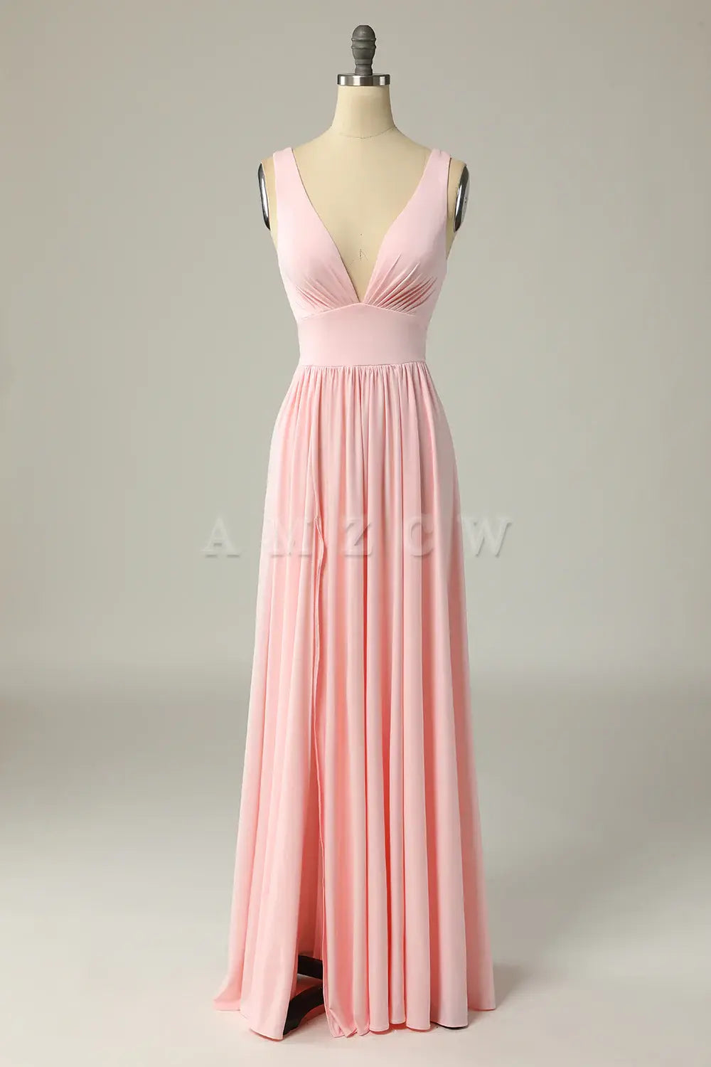 Amzcw Classic A Line V Neck Pink Long Prom Dress with Split Front gowns evening dresses prom dresses shops ﻿