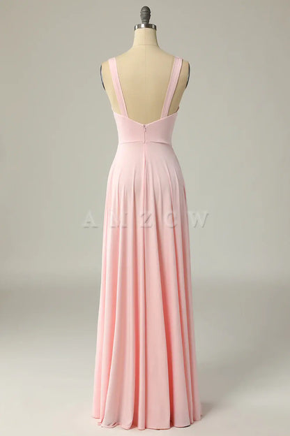 Amzcw Classic A Line V Neck Pink Long Prom Dress with Split Front gowns evening dresses prom dresses shops ﻿