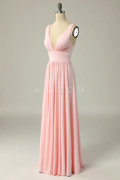 Amzcw Classic A Line V Neck Pink Long Prom Dress with Split Front gowns evening dresses prom dresses shops ﻿