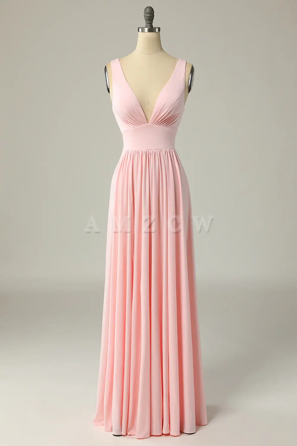 Amzcw Classic A Line V Neck Pink Long Prom Dress with Split Front gowns evening dresses prom dresses shops ﻿