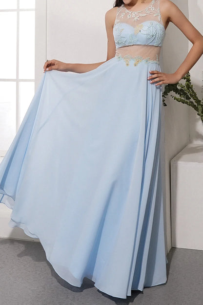 Blue A Line Chiffon Prom Dress With Appliques