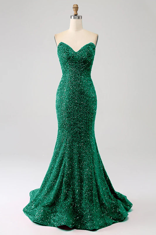 Amzcw Dark Green Mermaid Sweetheart Sweep Train Prom Dress With Sequins prom dresses shops