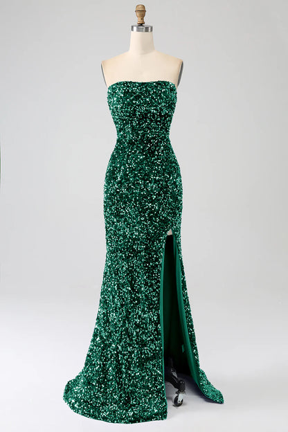 Amzcw Dark Green Mermaid Strapless Sequins Long Prom Dress With Slit prom dresses shops