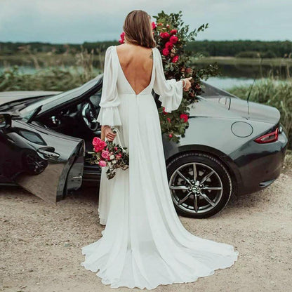 V Neck A Line Long Sleeves Wedding Dresses With Slit