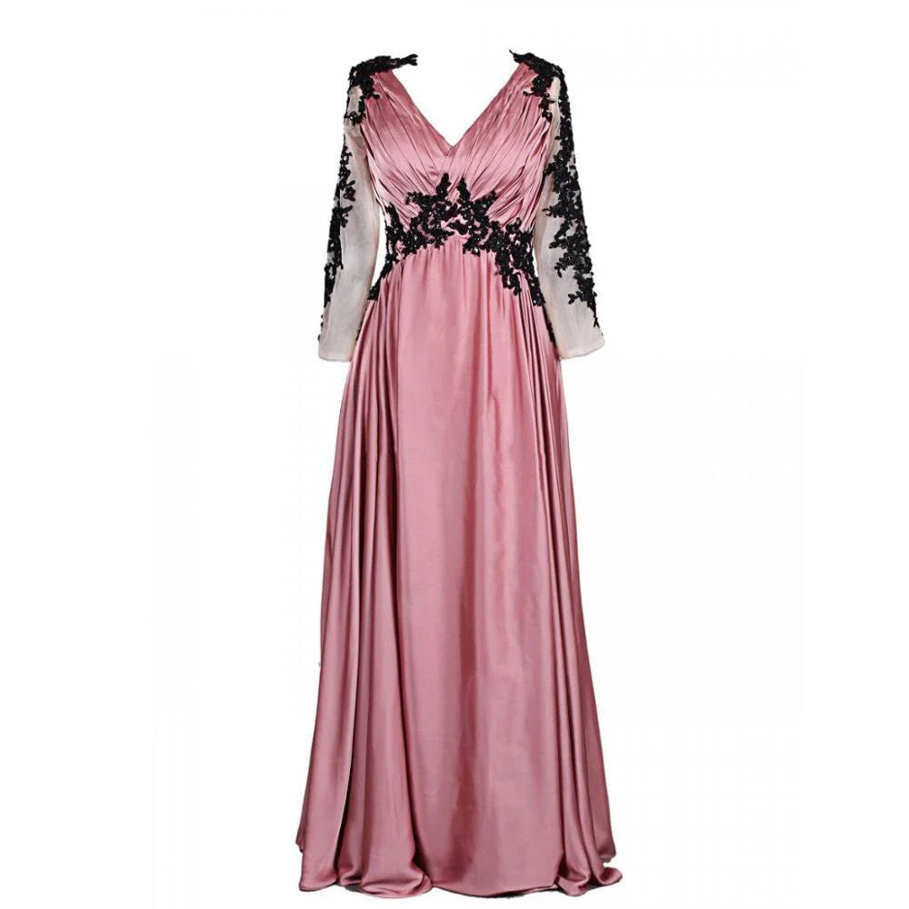 V neck Prom Dress Fashion Long Sleeves Appliques Black And Pink Chiffon Prom Dress