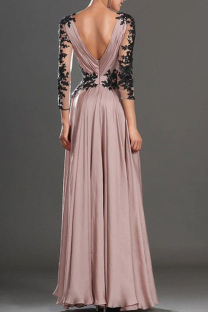 V neck Prom Dress Fashion Long Sleeves Appliques Black And Pink Chiffon Prom Dress