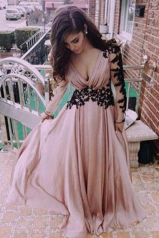 V neck Prom Dress Fashion Long Sleeves Appliques Black And Pink Chiffon Prom Dress